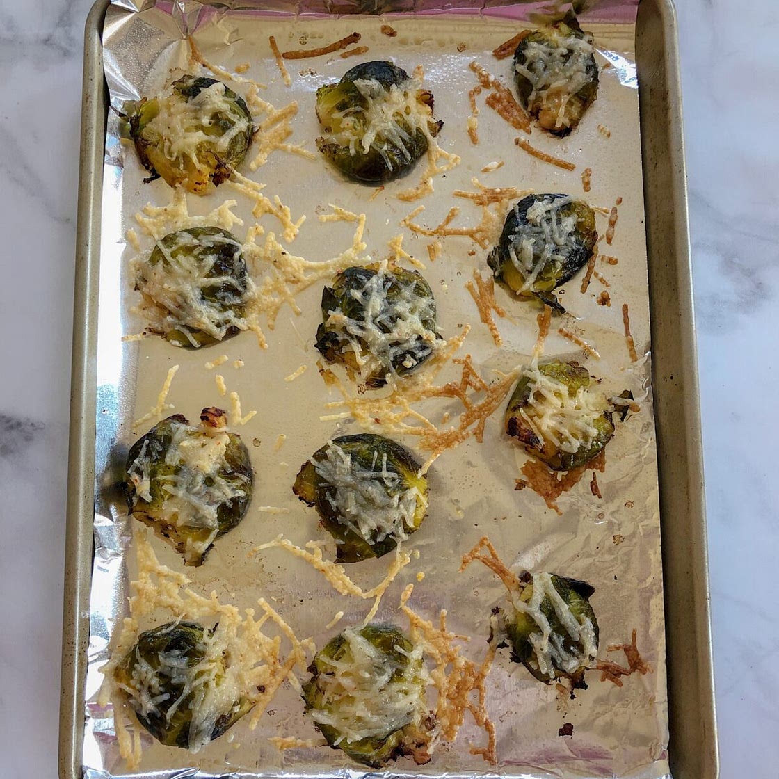 Smashed Brussels Sprouts with Vegan Cheese
