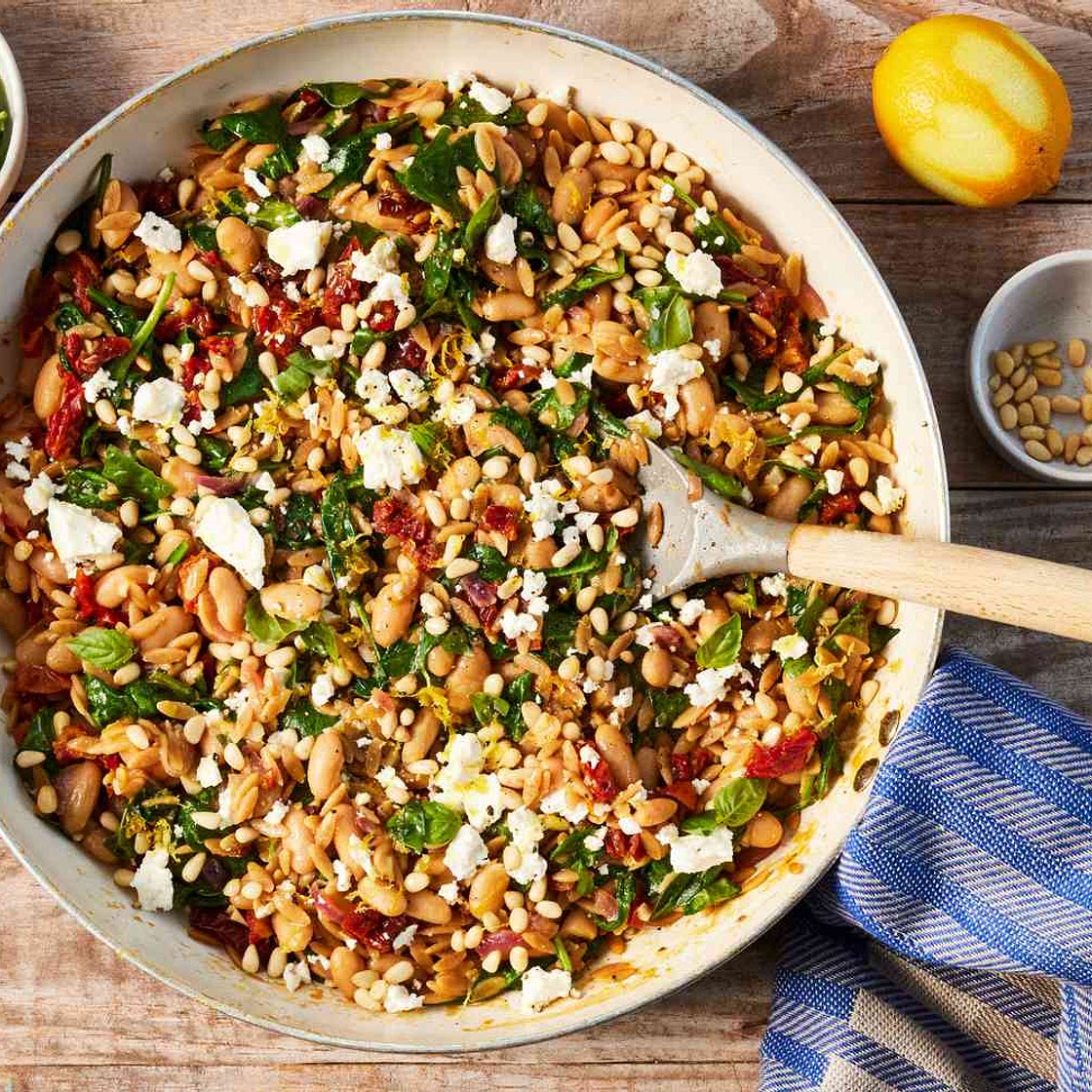 One-Pot White Bean, Spinach & Sun-Dried Tomato Orzo with Lemon & Feta