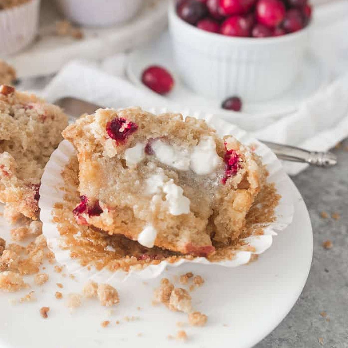 White Chocolate Cranberry Crumb Muffins