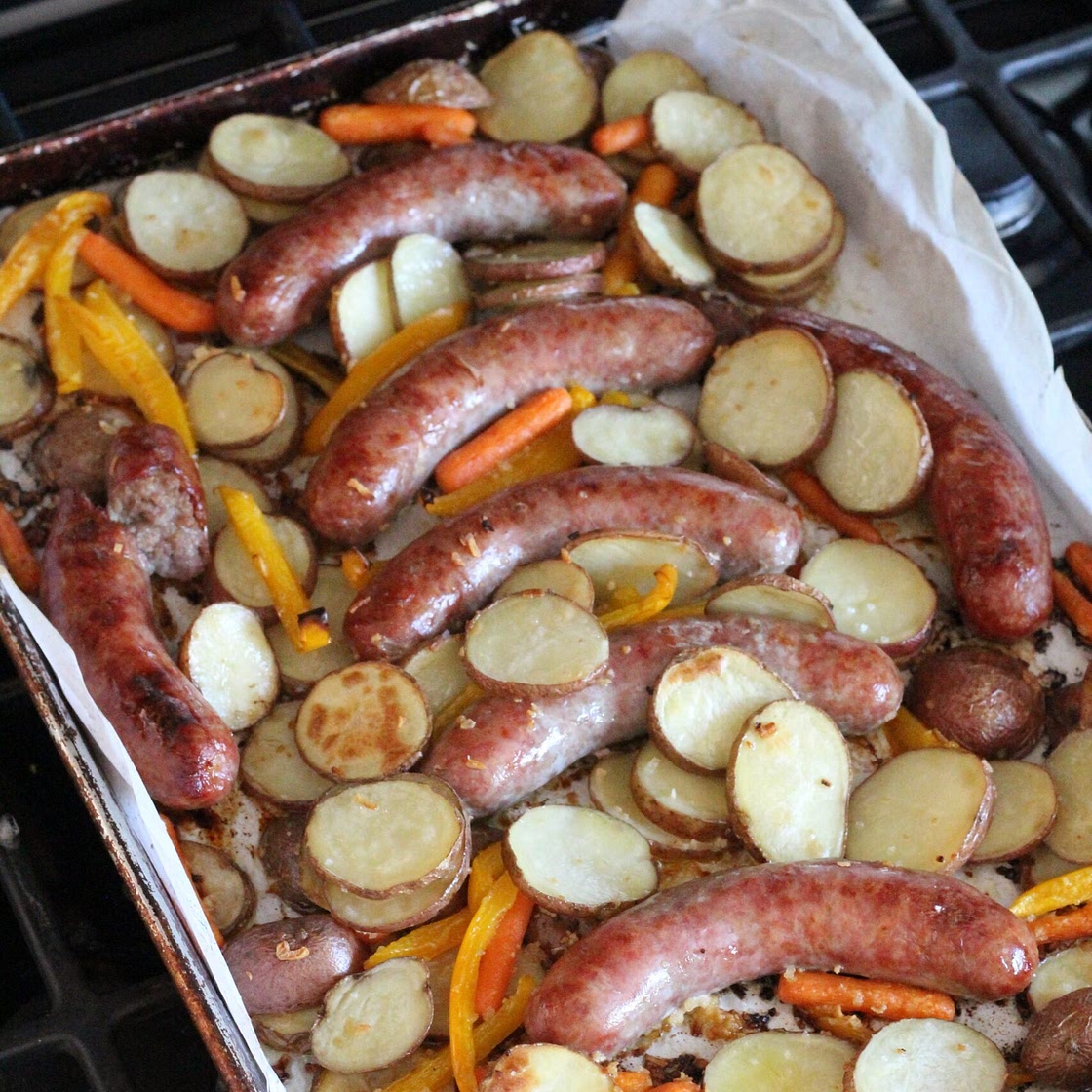 Sheet Pan Bratwurst, Potatoes and Veggies