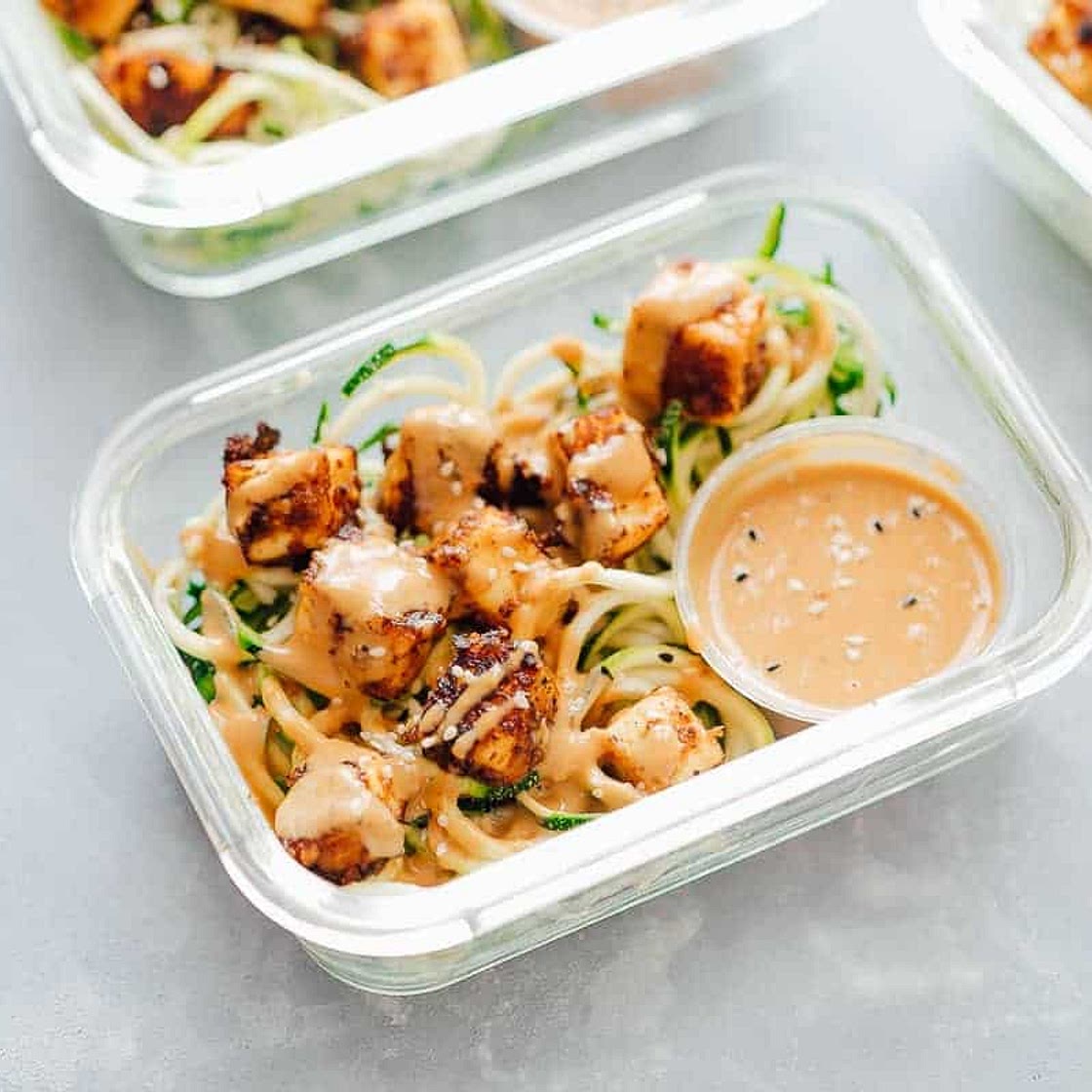 Crispy Sesame Tofu with Zucchini Noodle (Vegetarian Meal Prep)