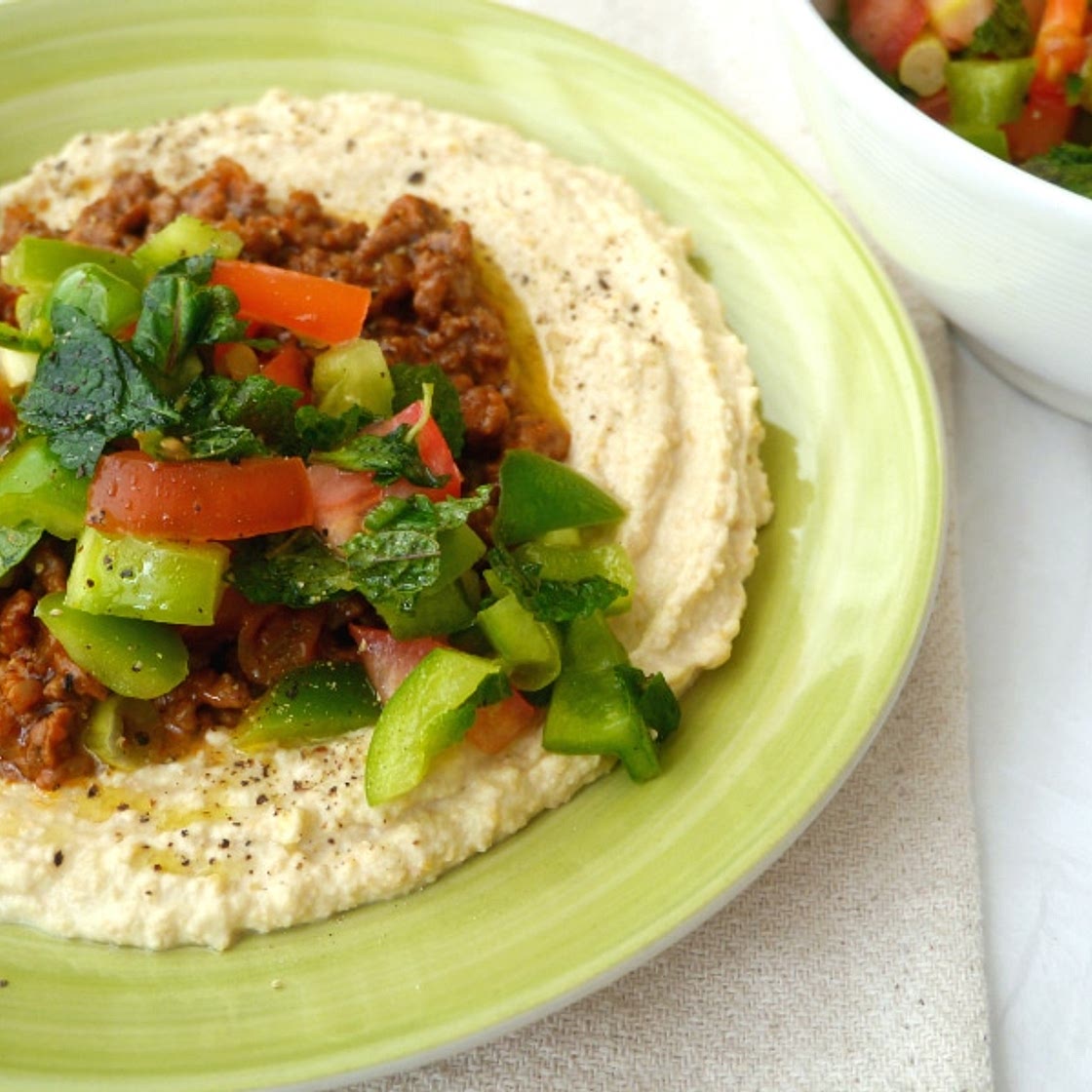 Mexican Hummus Beef Bowl with Mint Salsa