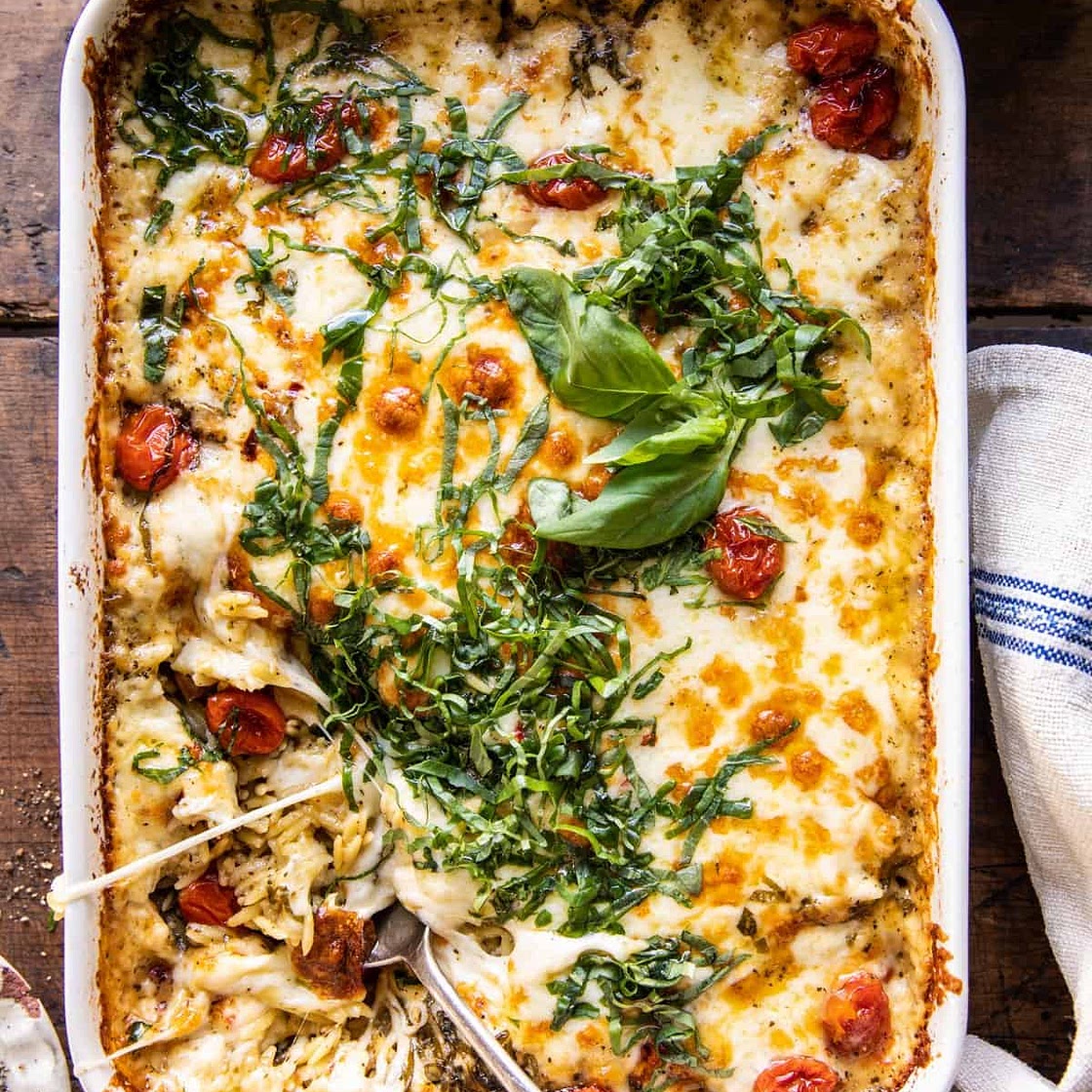 Easiest One Pan Caprese Pesto Orzo Bake