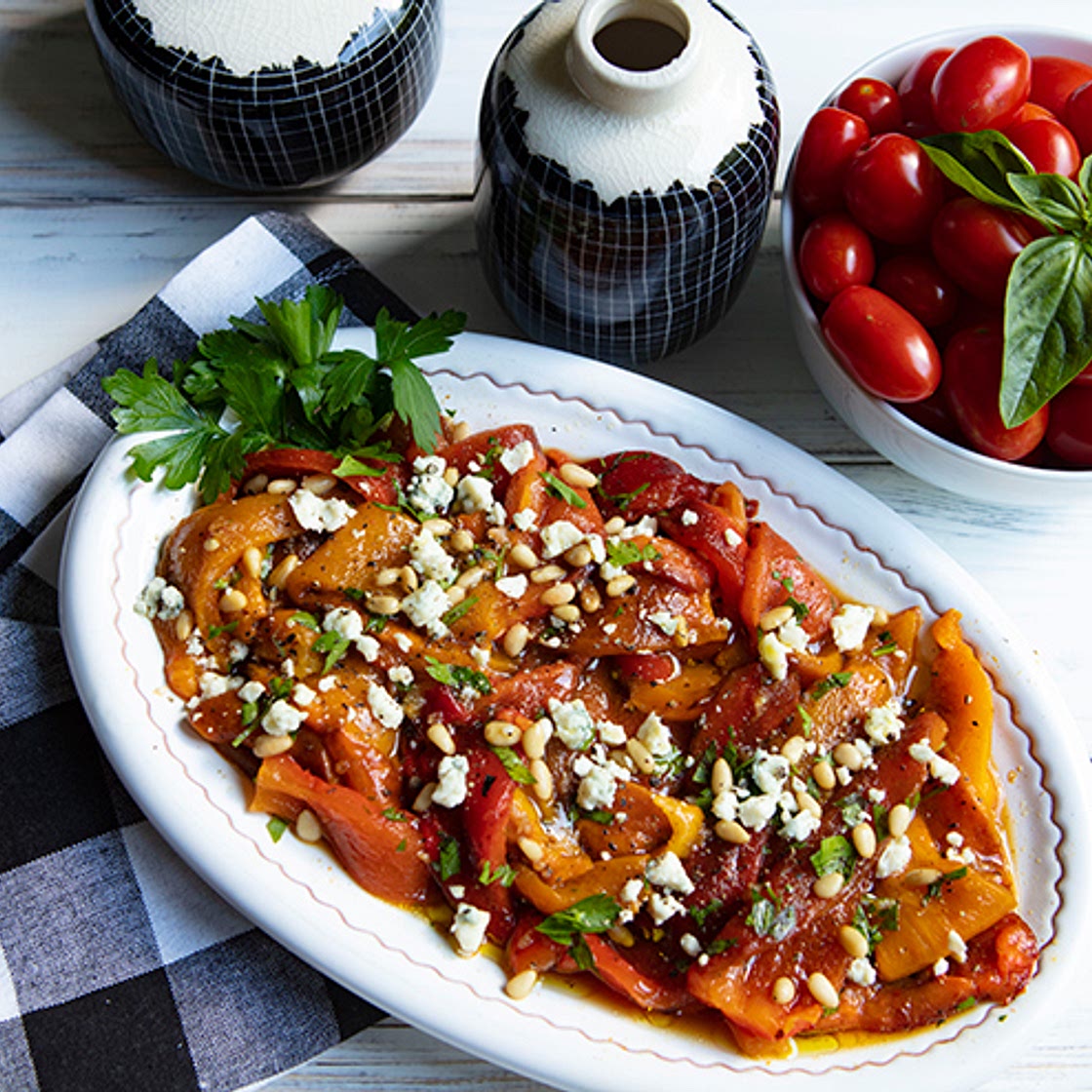 Grilled Peppers With Gorgonzola Crumbles & Pine Nuts
