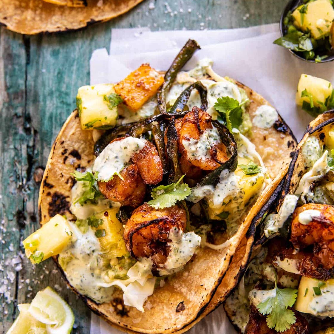 Quick Poblano Pineapple Shrimp Tacos with Cilantro Jalapeño Ranch