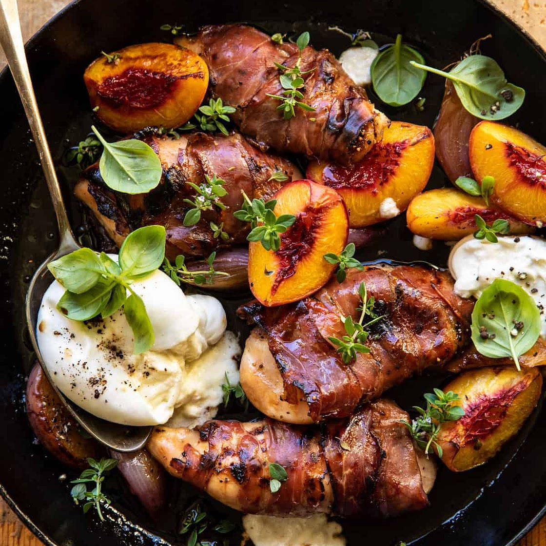Prosciutto Balsamic Peach Chicken with Burrata and Basil