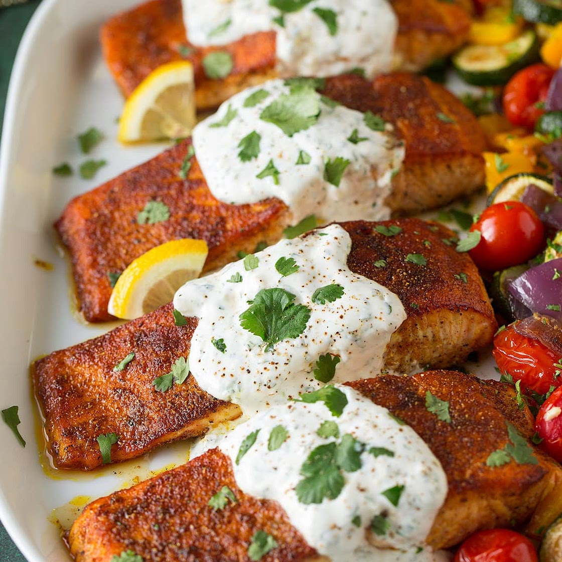 Moroccan Spiced Salmon with Lemon Yogurt Sauce