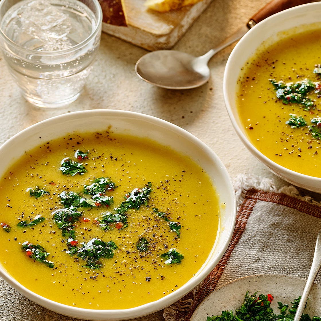 Spiced swede and carrot soup with chimichurri