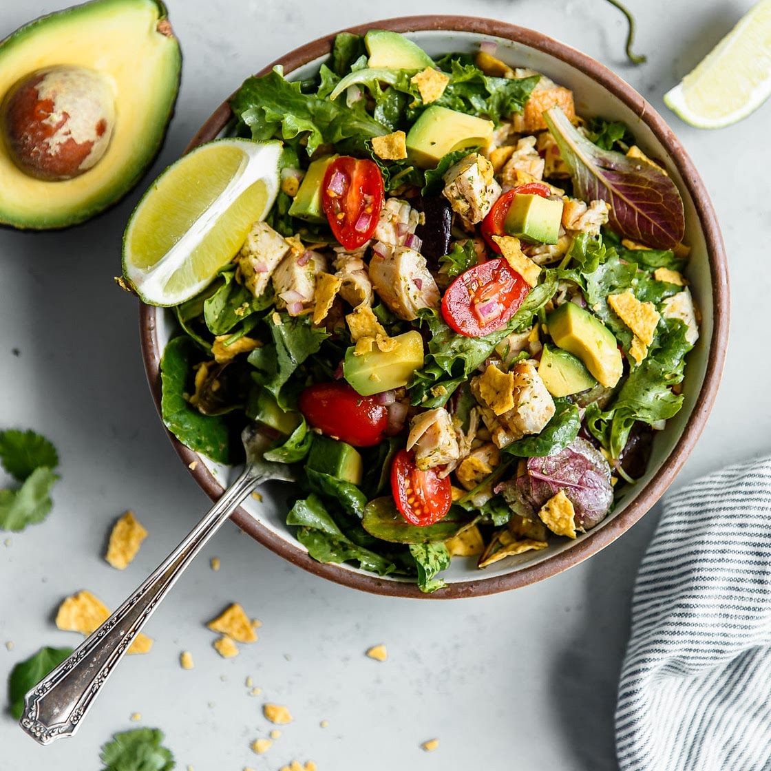 Guacamole Greens Salad with Lime Cilantro Jalapeño Vinaigrette