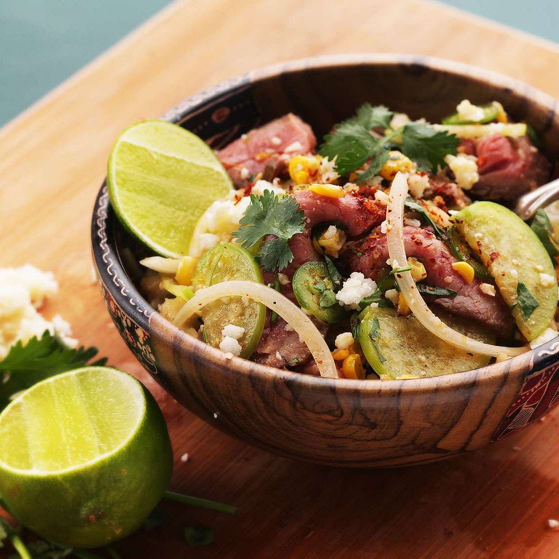 Steak and Corn Salad With Tomatillos and Ancho-Chili Vinaigrette Recipe