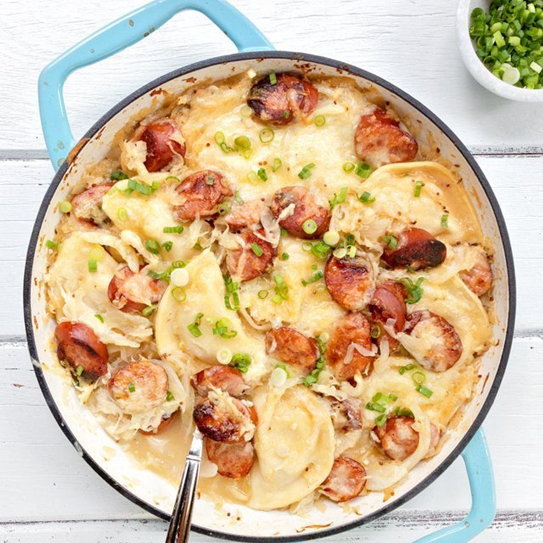 Kielbasa, Pierogies & Sauerkraut Bake - Stovetop and Oven Method