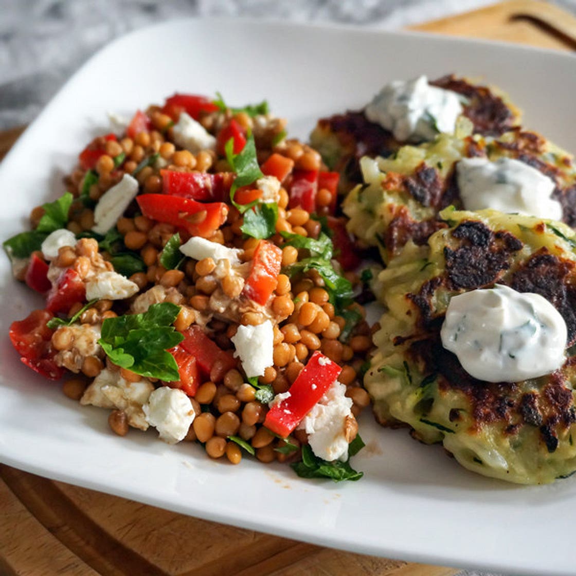 Zucchini & Potato Fritters with Lentil, Bell Pepper & Goat Cheese Salad