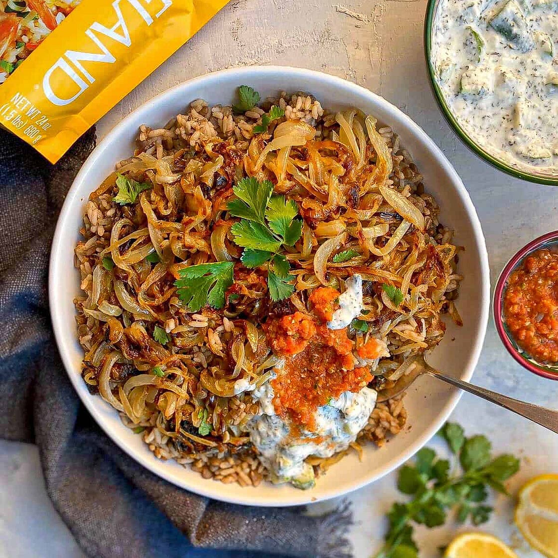 Mujadara (A Middle Eastern Rice & Lentil dish topped with caramelized onions)