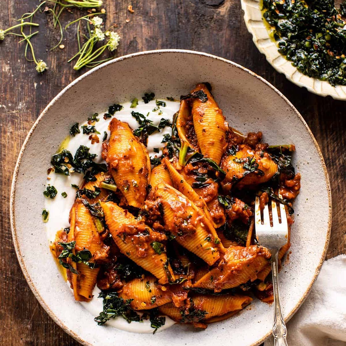 Unstuffed Spicy Tomato Basil Shells with Whipped Ricotta