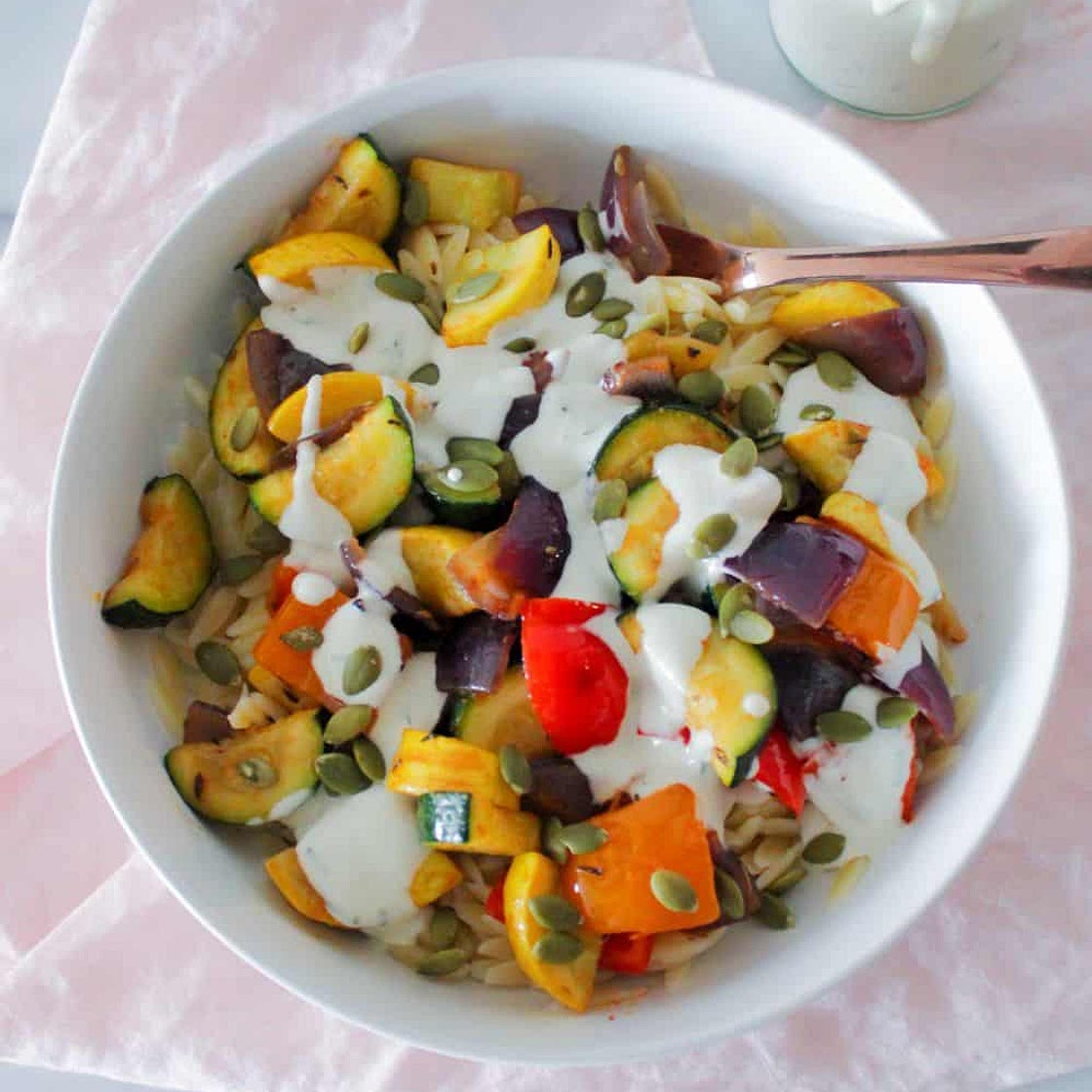 Creamy Vegan Orzo Bowl with Herby Yogurt Sauce