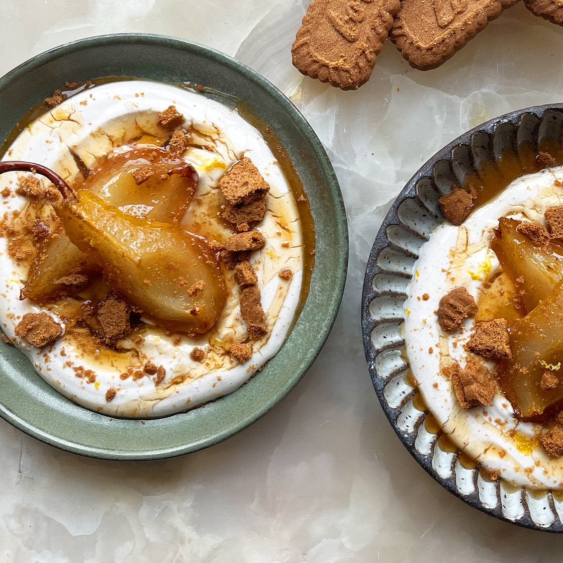 Roasted Pear with spiced ricotta yoghurt and crumbled biscuits