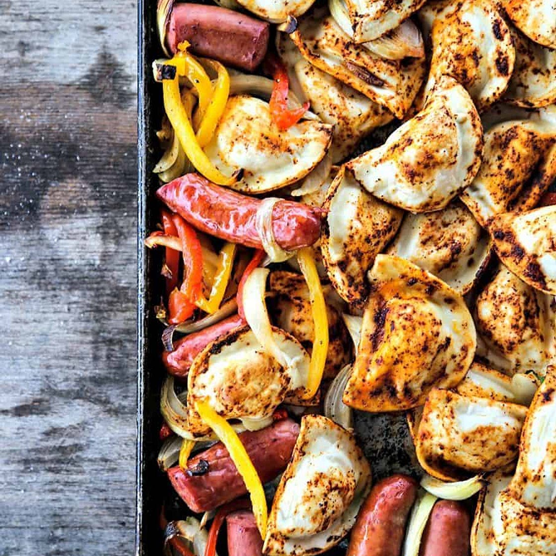 Kielbasa and Pierogies Sheet Pan Meal