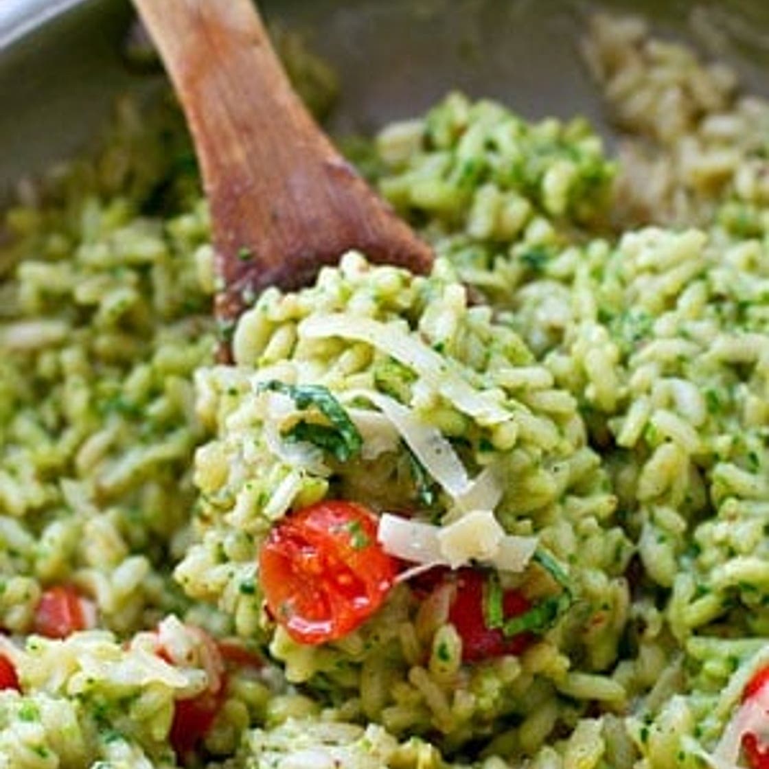 Parmesan Pesto Risotto with Cherry Tomatoes