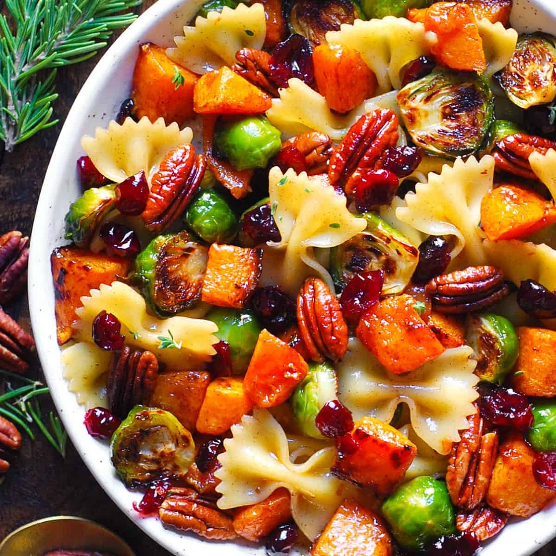 Butternut Squash Pasta Salad with Brussels Sprouts, Pecans, and Cranberries