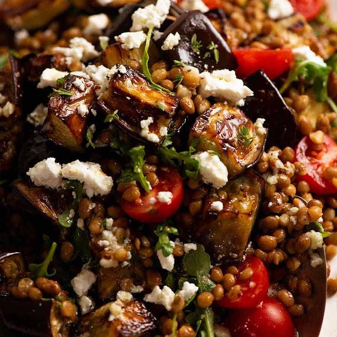 Roasted Eggplant Lentil Salad (Aubergine Salad)