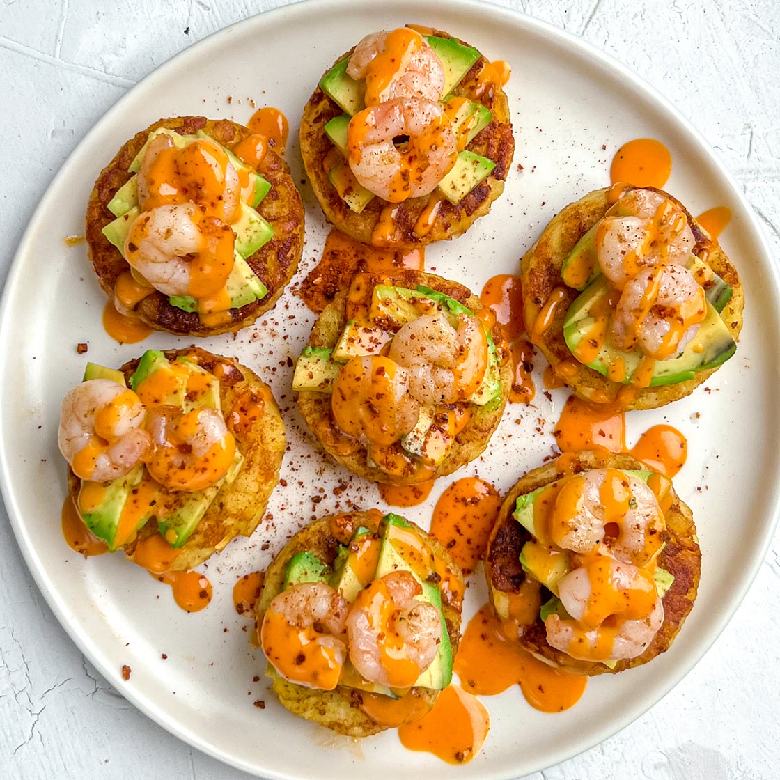 Hash browns with Avocado and Shrimp