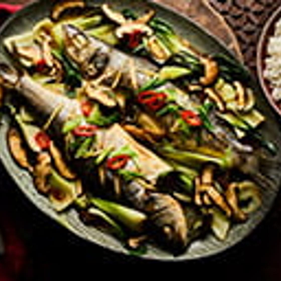Sea bass with shiitake, ginger and pak choi