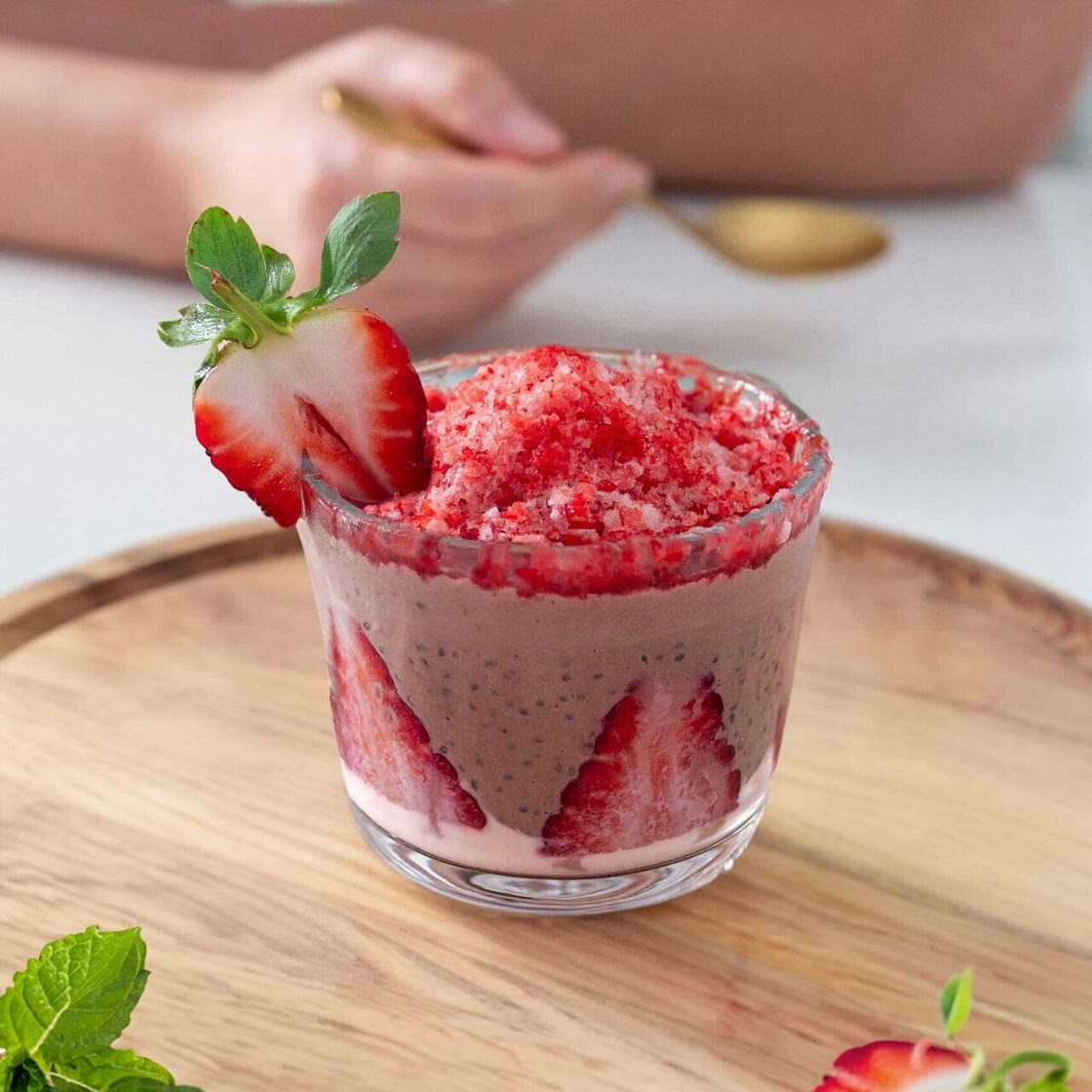 High-Protein Chocolate Chia Pudding with Strawberry Shaved Ice