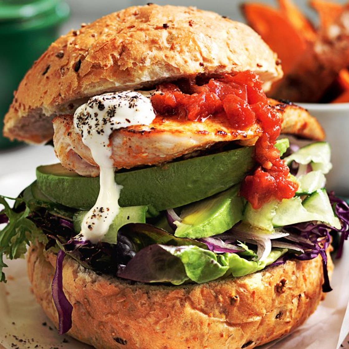 Mexican chicken burgers with golden kumara wedges