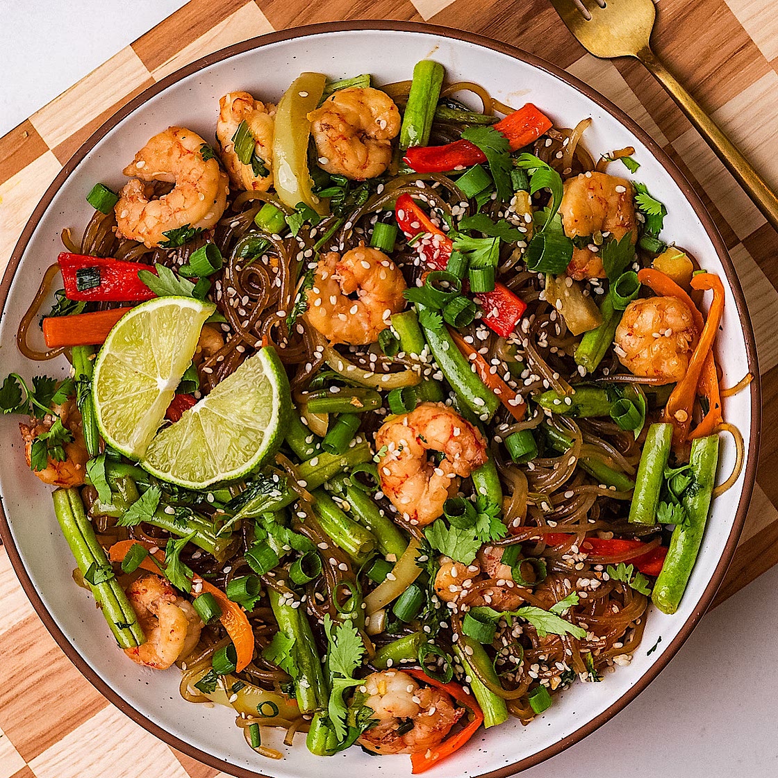 Sesame Scallion Noodles with Shrimp and Veggies