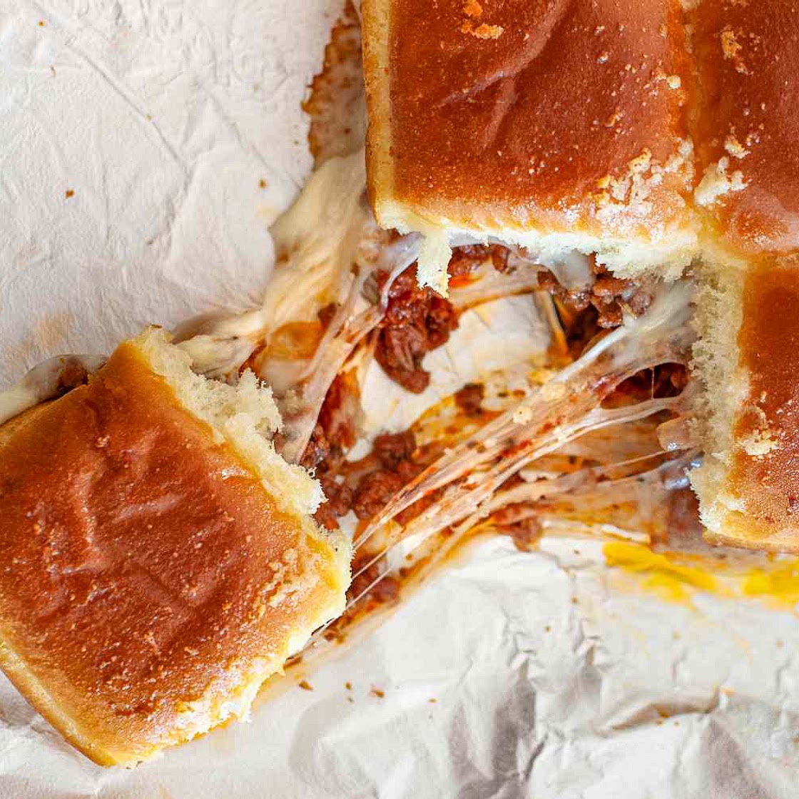 Hawaiian Roll Sliders with Meat Sauce and Parm