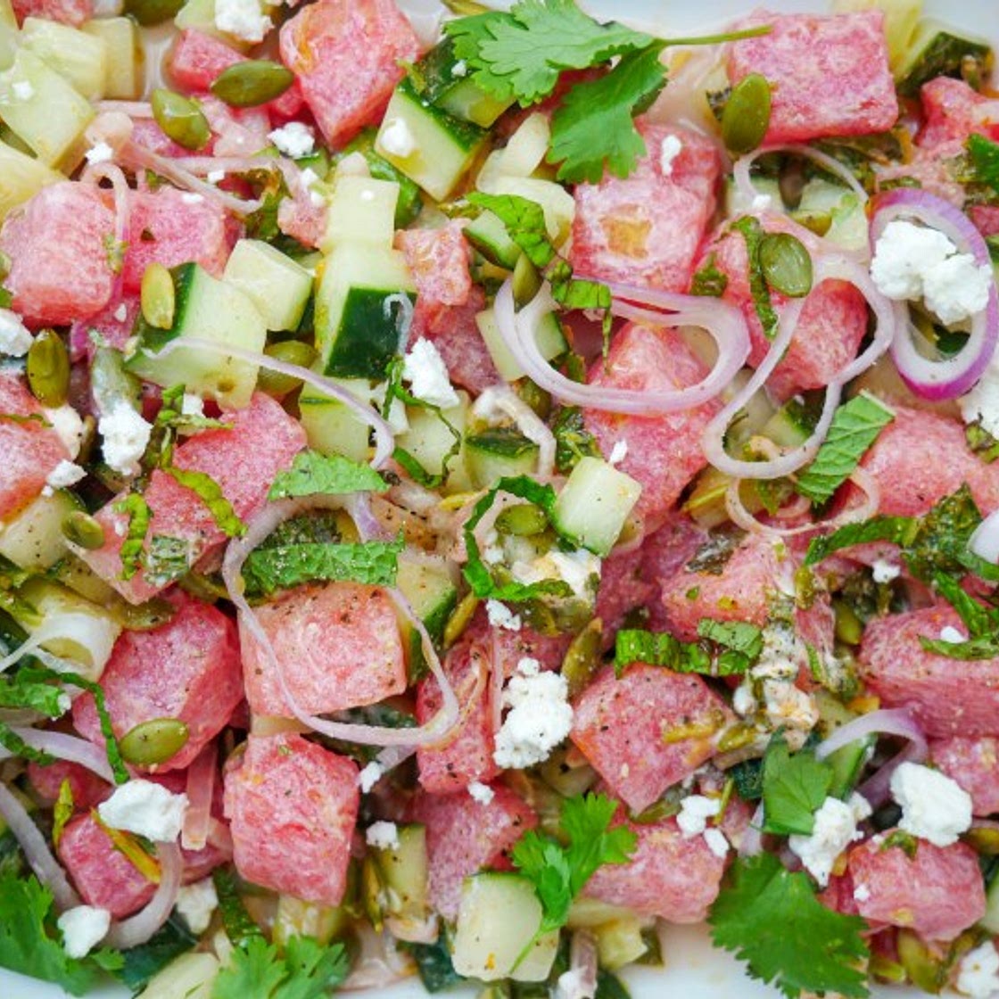 Watermelon, Cucumber and Goat Cheese Salad