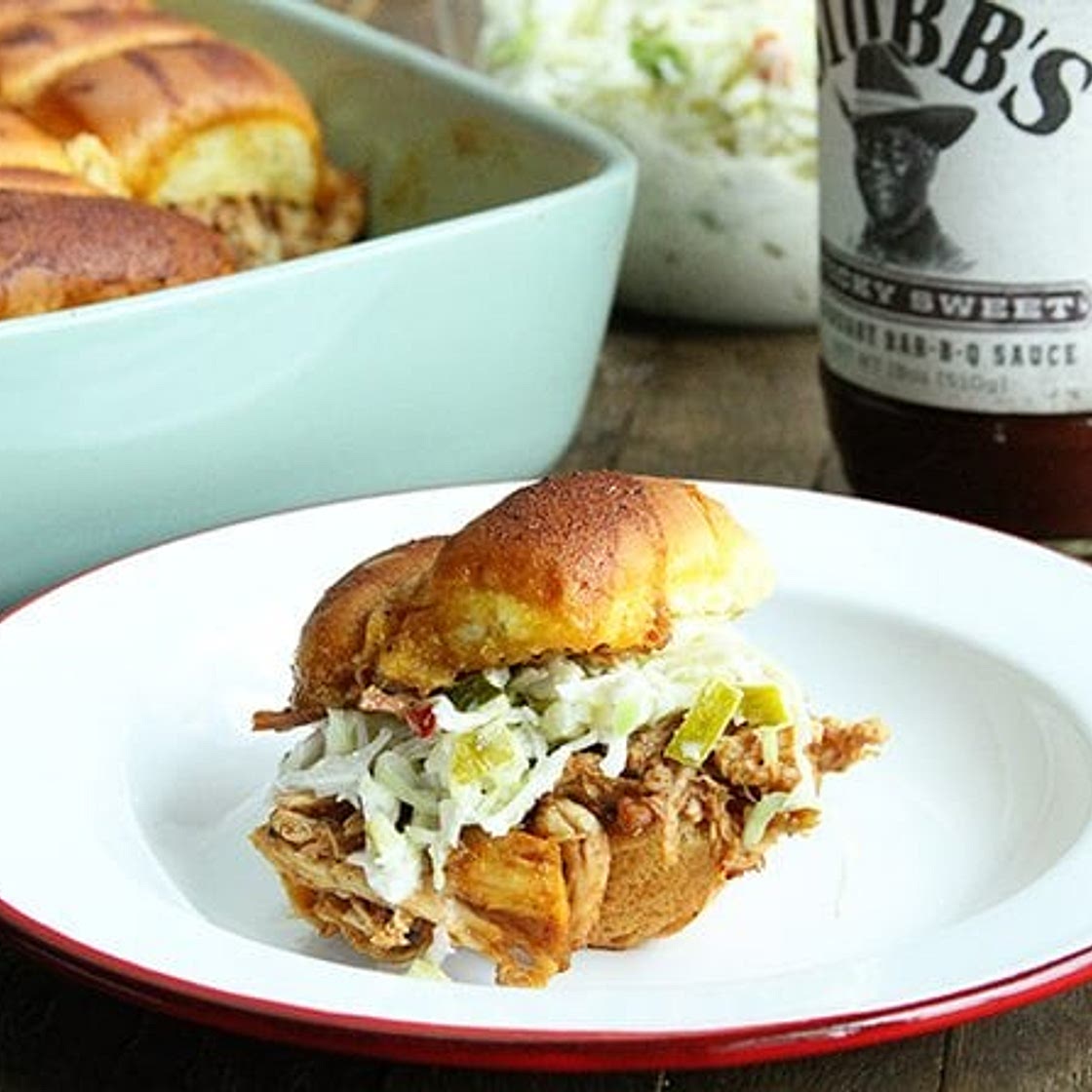 BBQ Chicken Sliders with Dill Pickle Slaw