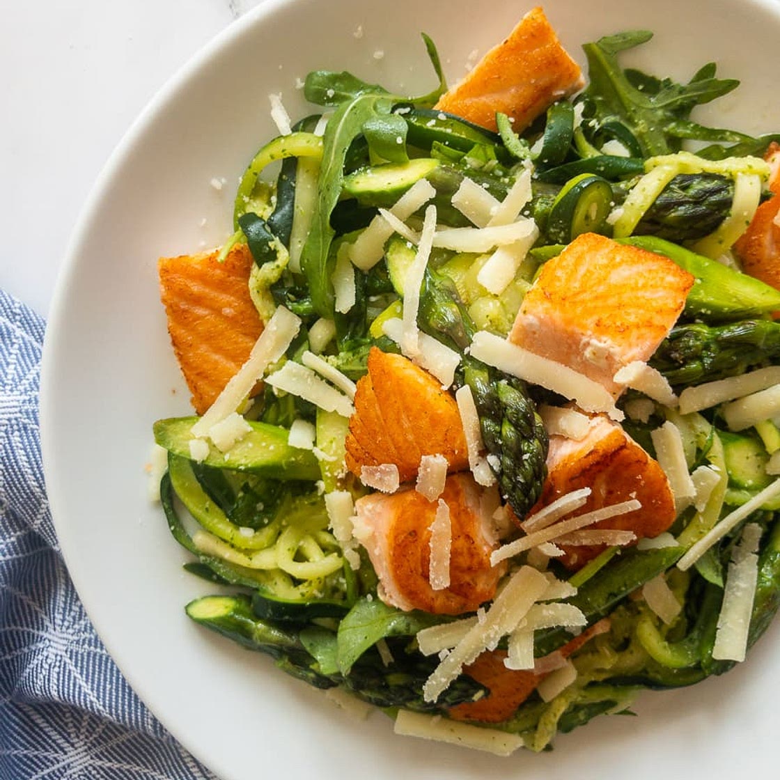 Lemony Pesto Zoodles with Asparagus and Salmon
