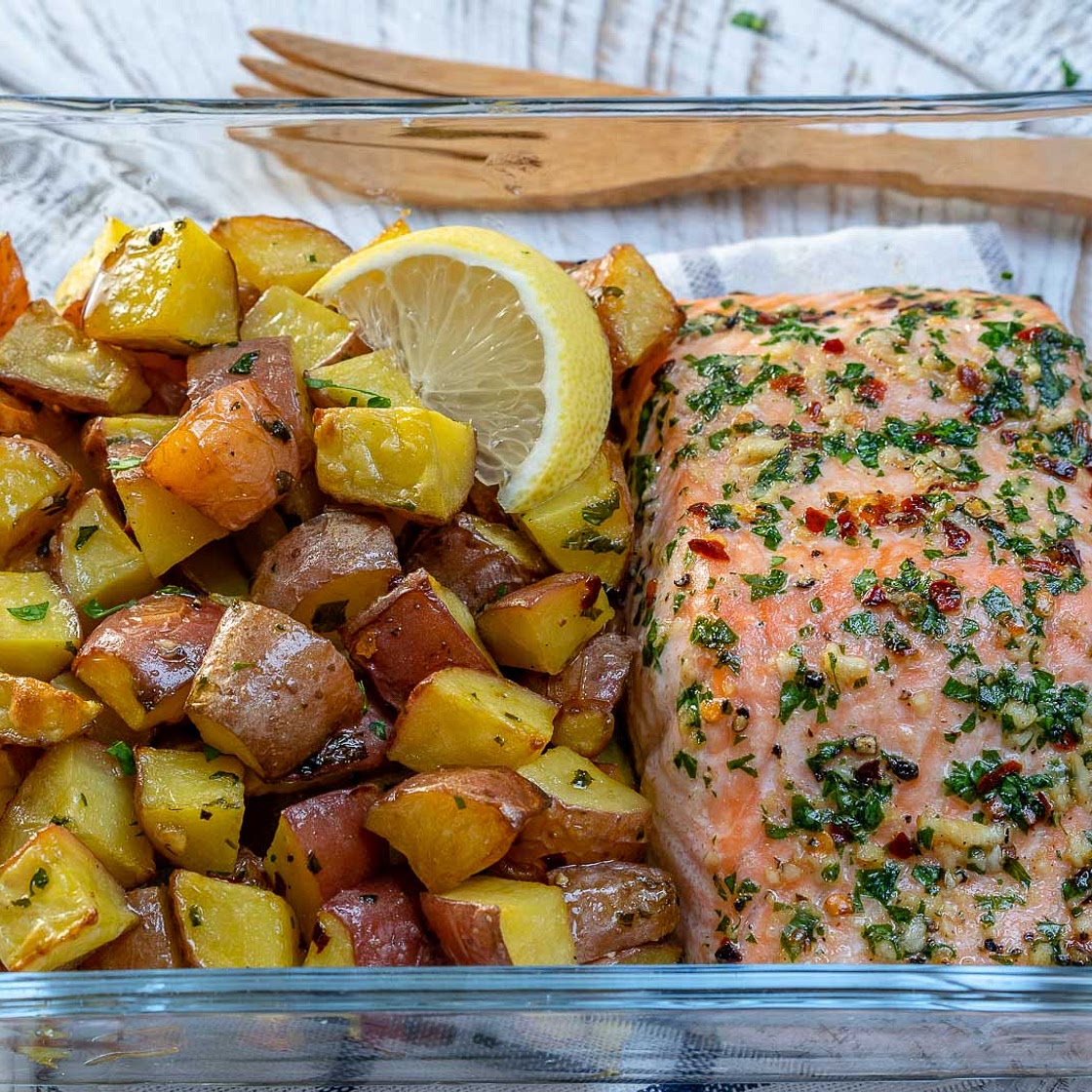 One Sheet-Pan Garlic Butter Salmon + Red Potatoes