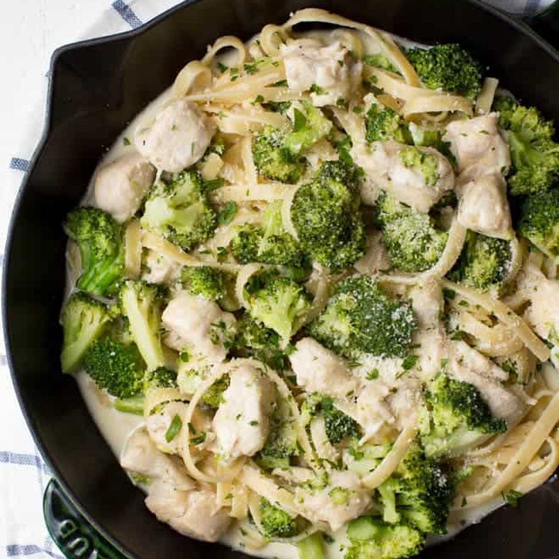 Lightened Up One Pan Chicken and Broccoli Fettuccine Alfredo