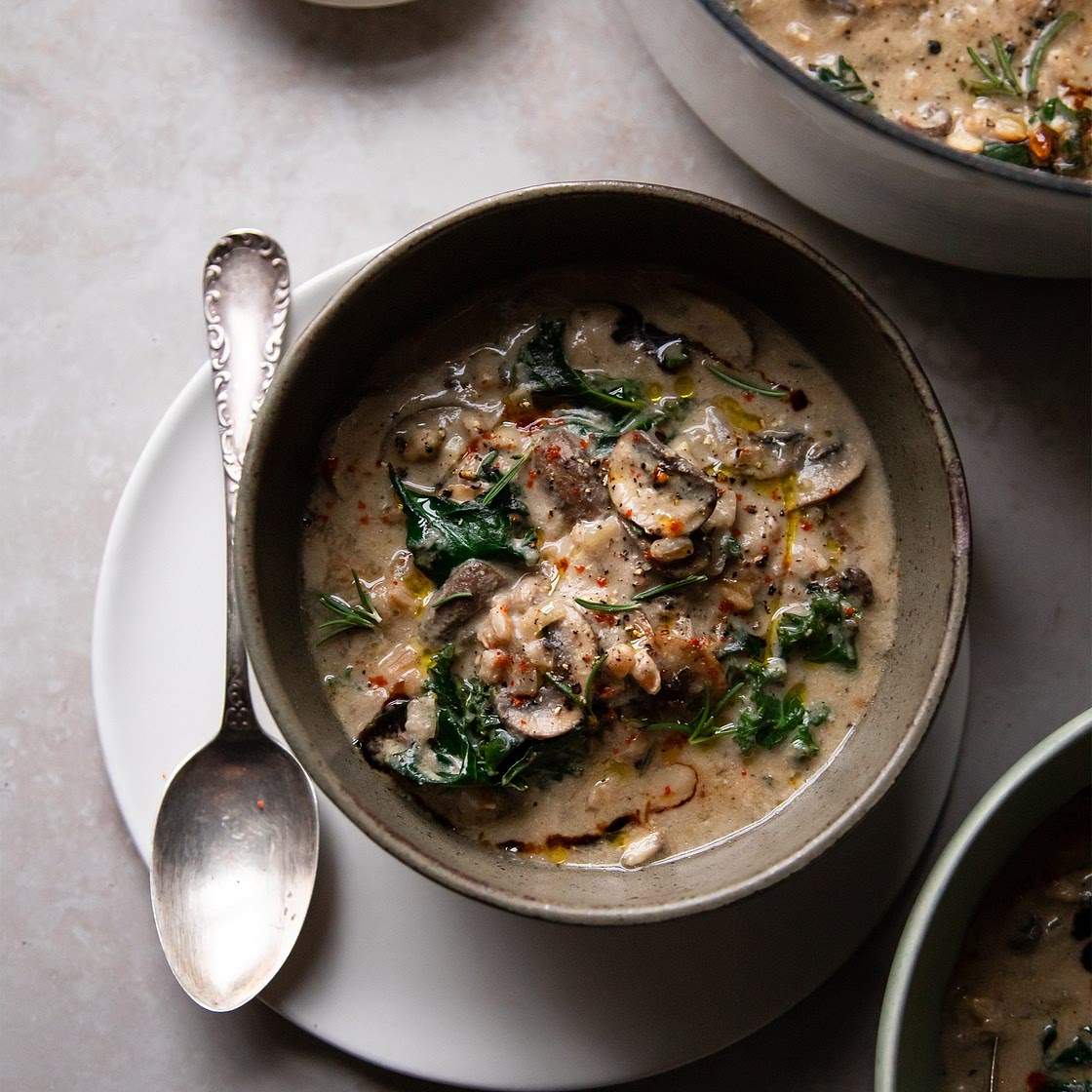 Creamy Vegan Mushroom Stew with Farro and Kale