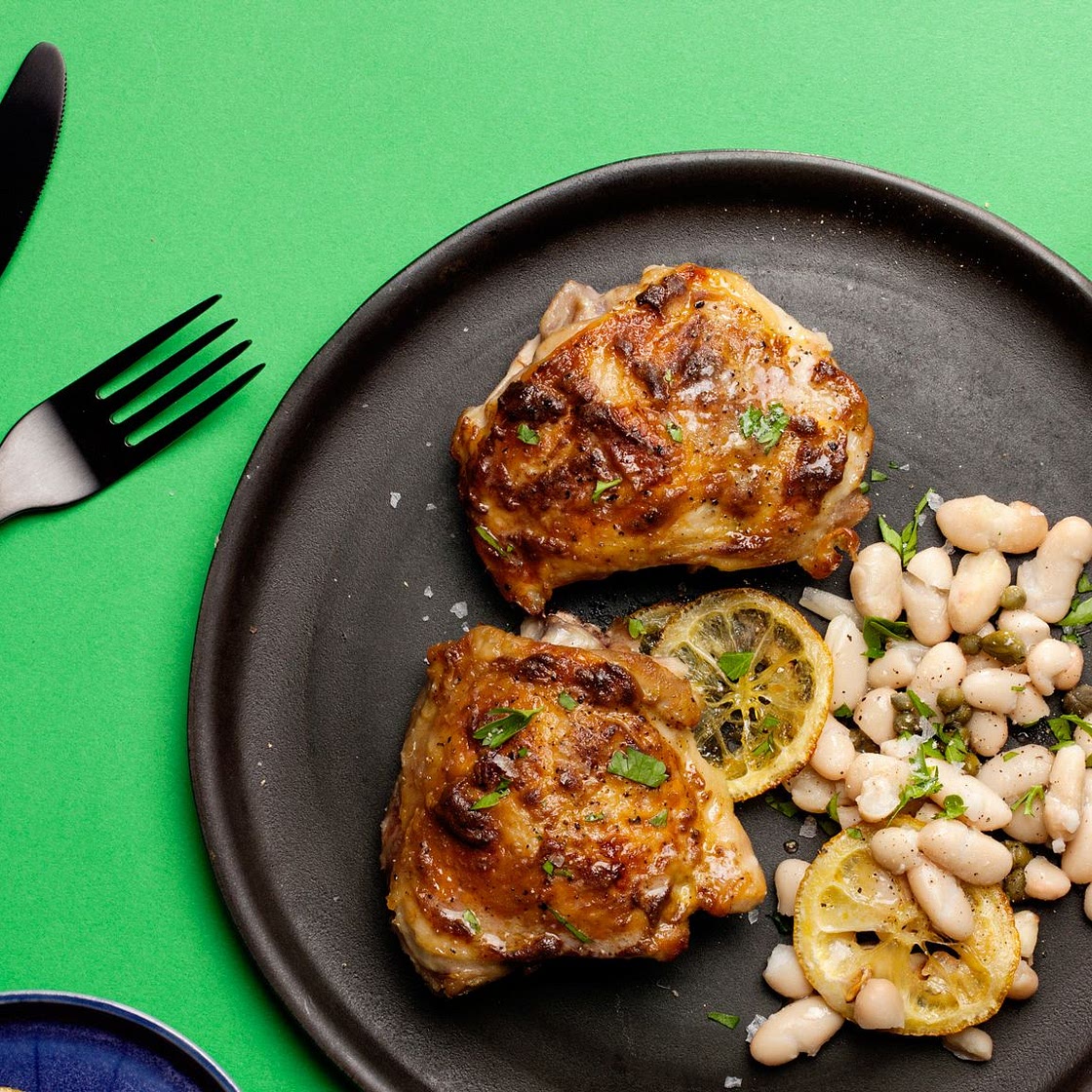 Roasted Chicken Thighs with White Beans, Lemon, and Capers