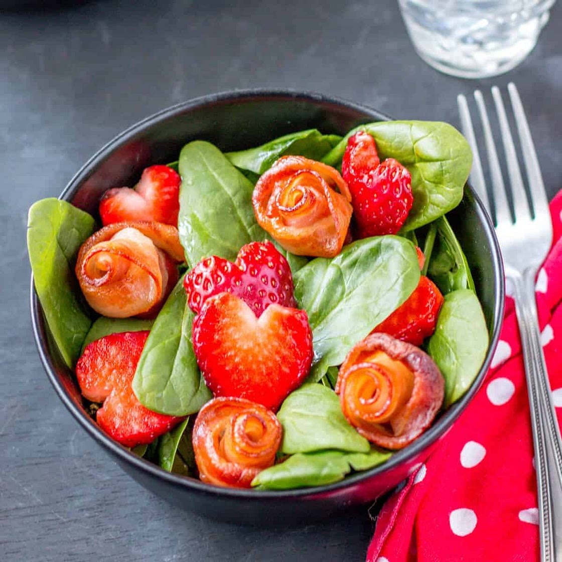 Valentine's Day Salad: Baby Spinach with Bacon Roses and Strawberry Hearts