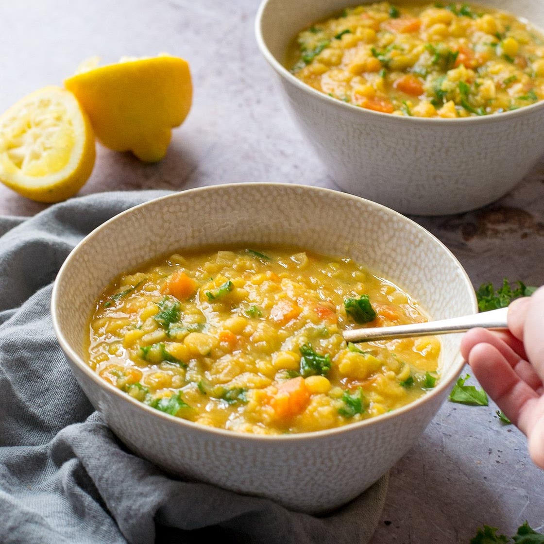 Yellow Split Pea Soup with lemon and curly kale