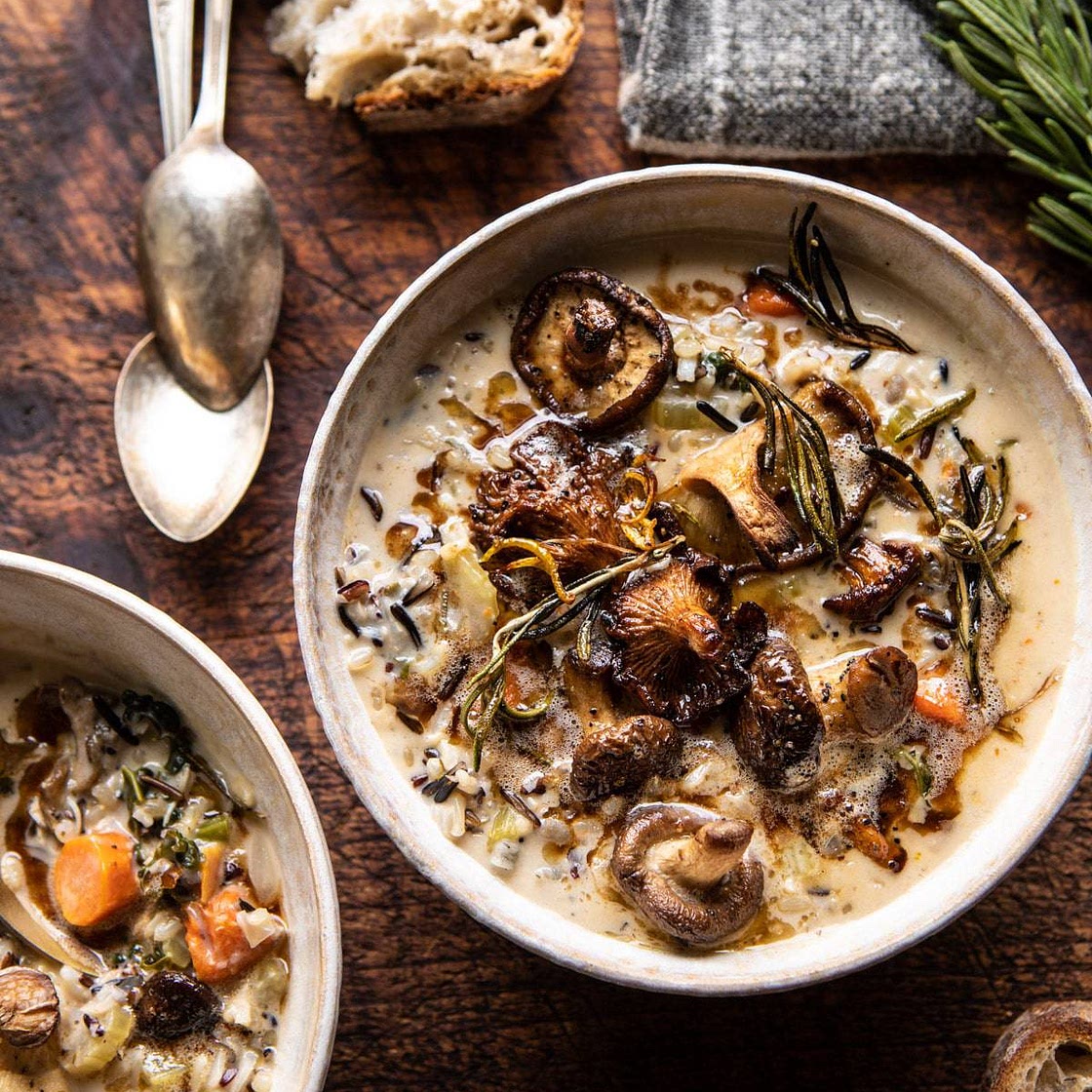 Creamy Wild Rice Chicken Soup with Roasted Mushrooms