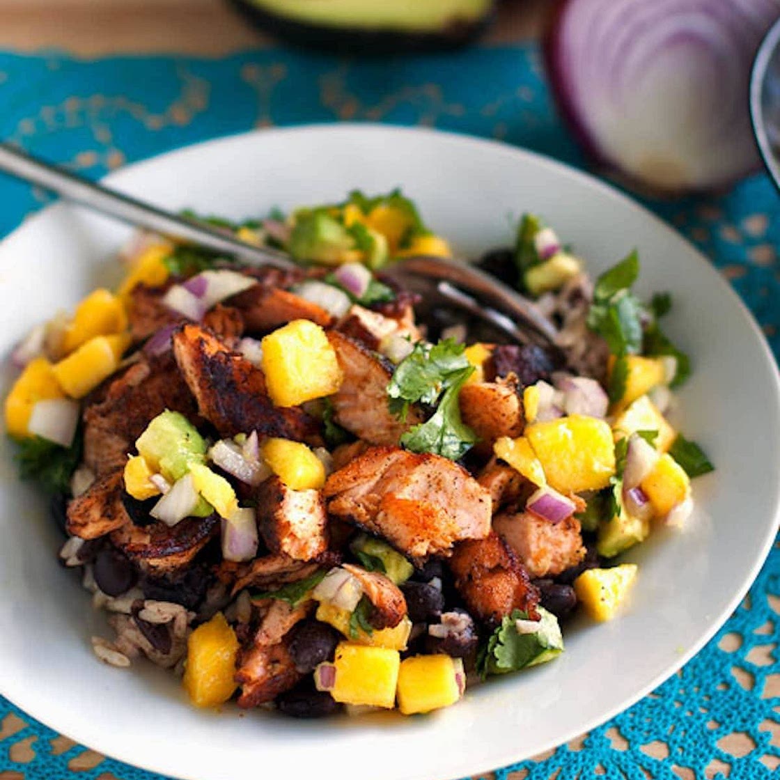 Caribbean Jerk Salmon Bowl with Mango Salsa
