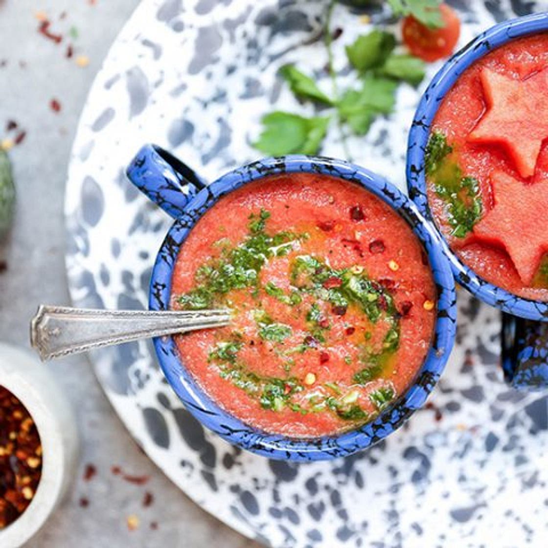 Watermelon and Tomato Gazpacho with Chimichurri Sauce