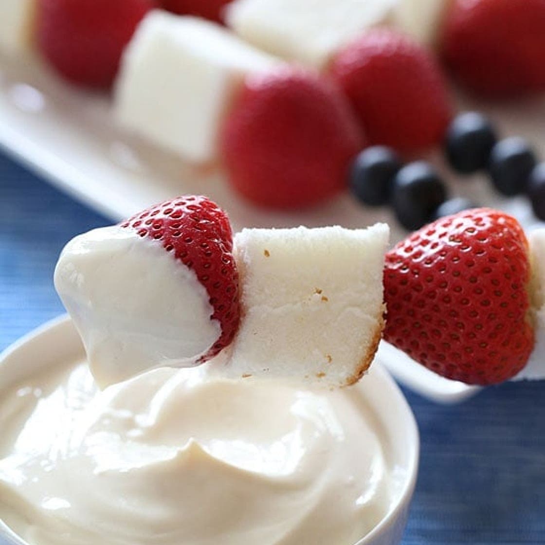 Red White and Blue Fruit Skewers with Cheesecake Yogurt Dip