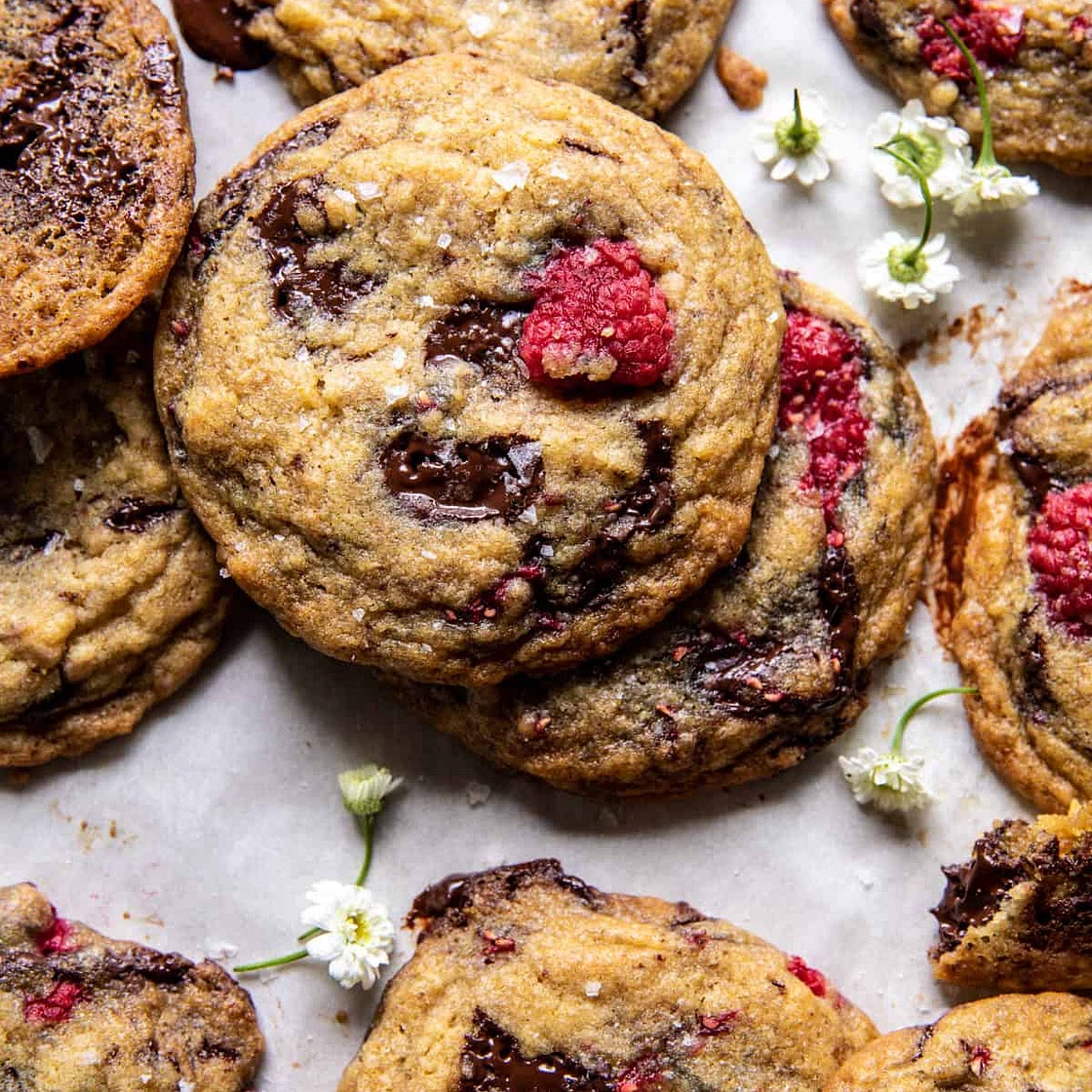 Brown Butter Raspberry Chocolate Chip Cookies
