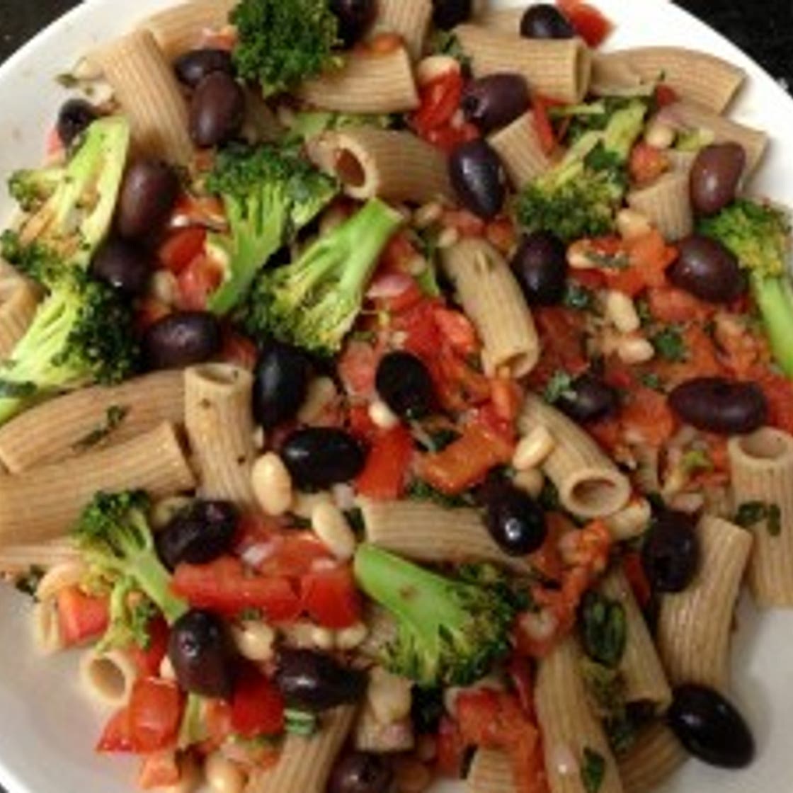 Warm pasta, broccoli & bean salad with lemon, garlic and basil