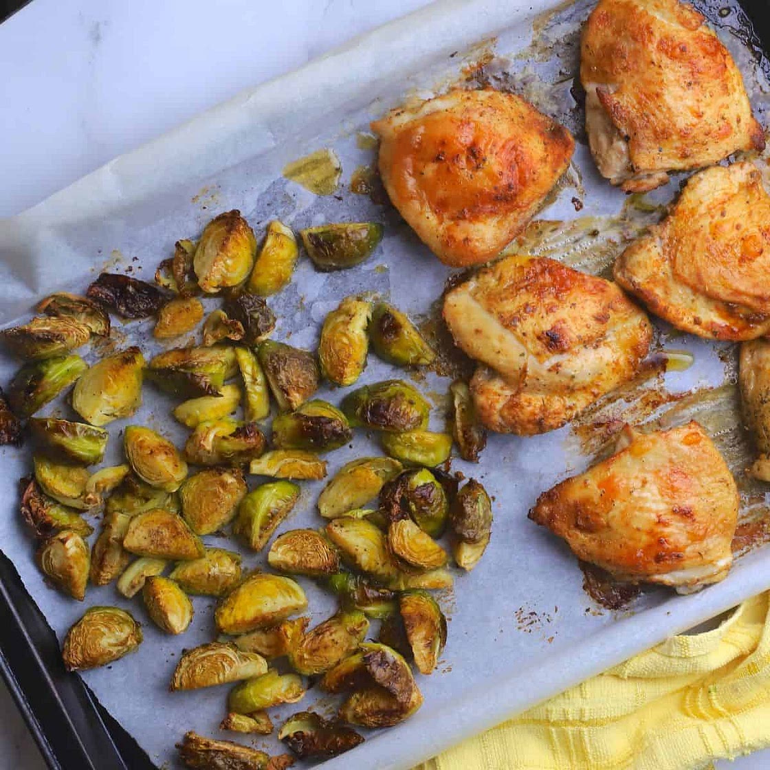 Baked Chicken Thighs with Roasted Brussels Sprouts