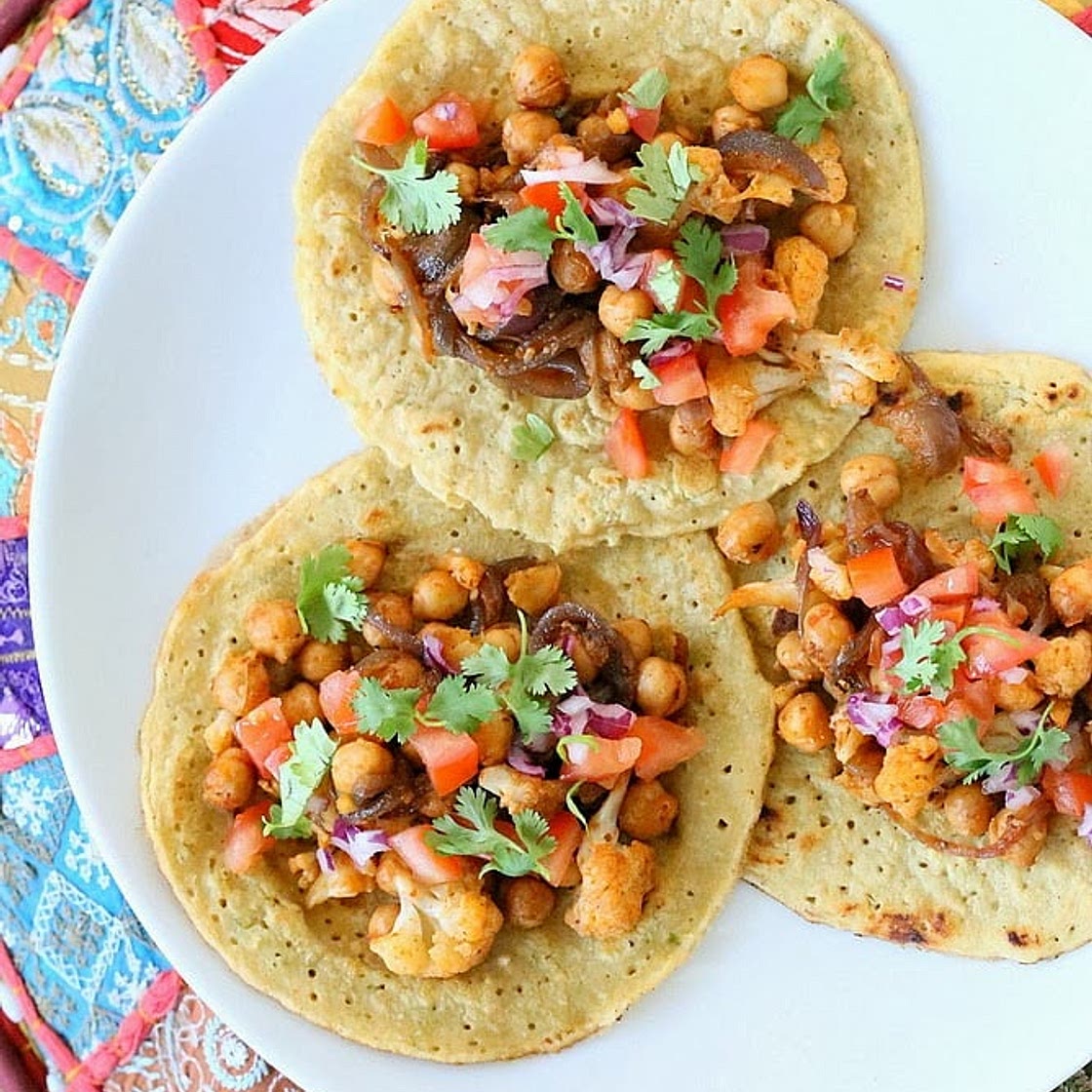 Chickpea Cauliflower Tacos with Lentil Tortillas