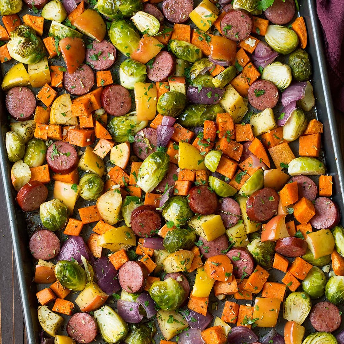 Autumn Sausage Veggie and Apple Sheet Pan Dinner