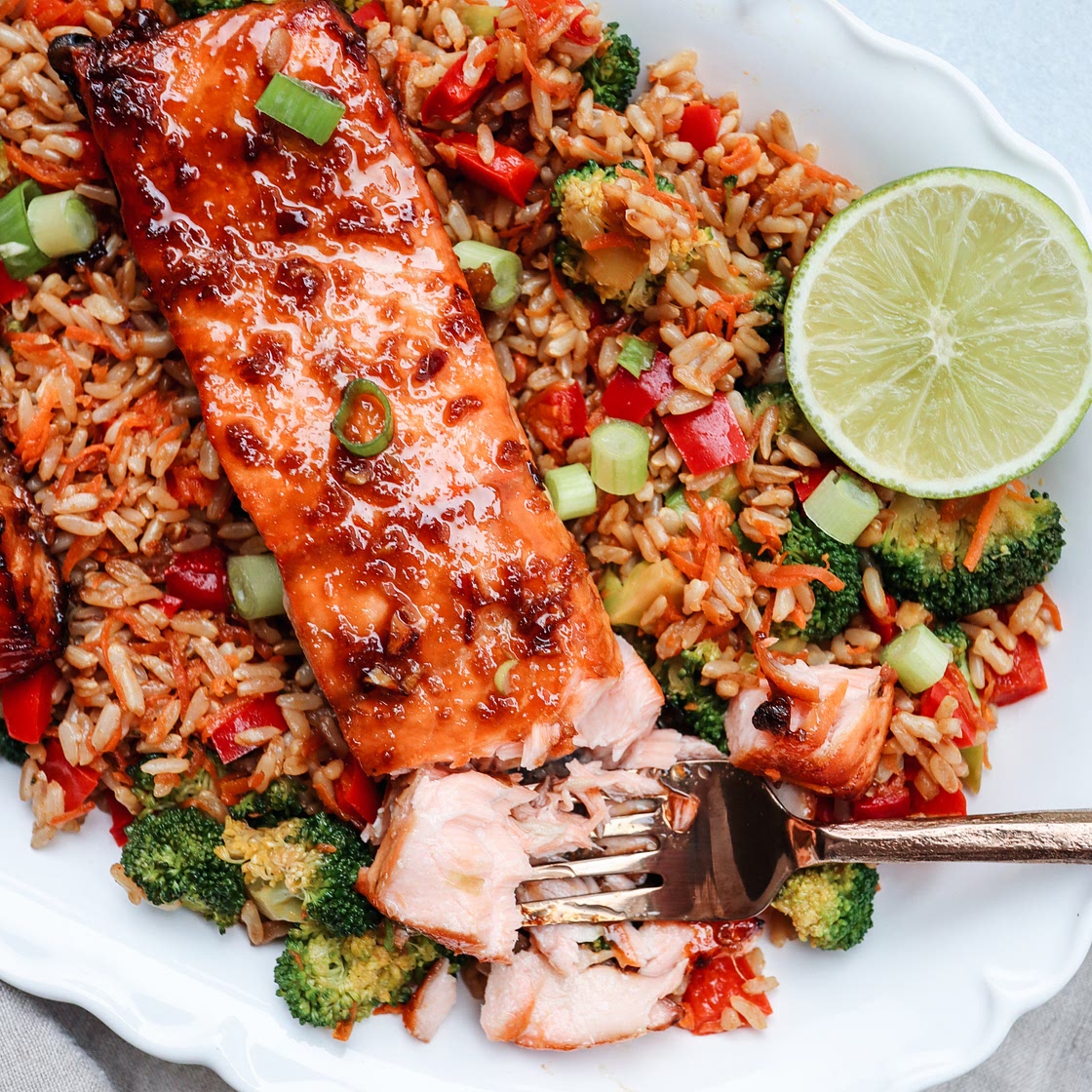 asian glazed salmon with veggie rice