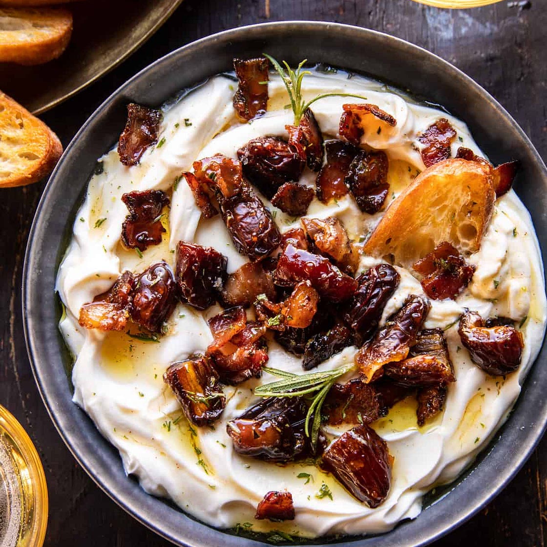 Whipped Goat Cheese with Warm Candied Bacon and Dates
